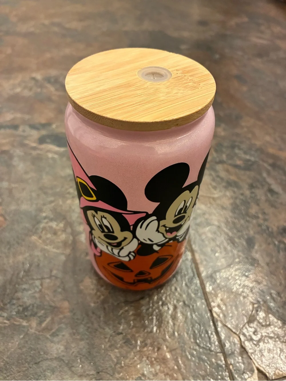 Disney Mickey & Minnie Halloween Pumpkin Pink Glass Tumbler